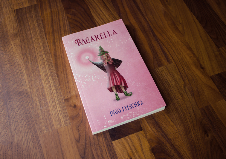 Buchcover Design mit Illustration einer Hexe mit Zauberstab und Himbeer Hexenhut