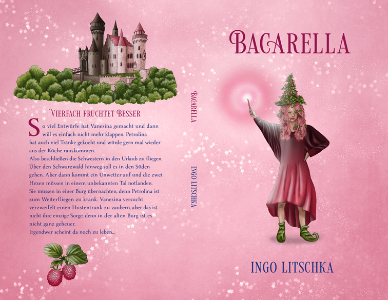 Buchumschlag Design für Kinderbuch mit Illustration einer Hexe mit Zauberstab, Himbeer Hexenhut und magisches Schloss