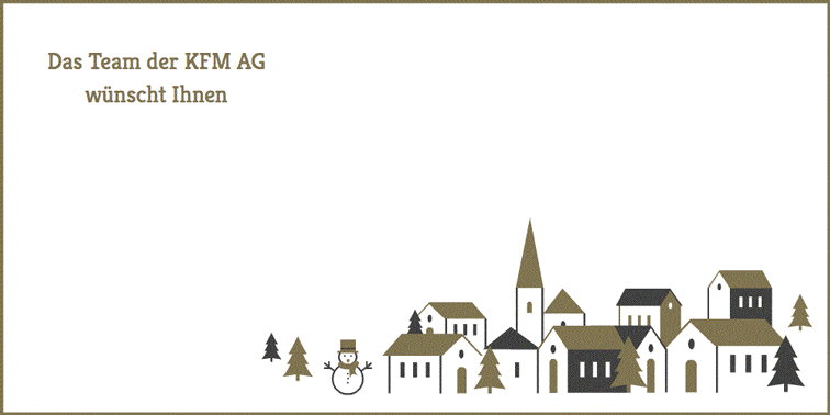 Animierte Grafik mit fliegender Adler Bildmarke, Weihnachtsgruß, weihnachtlicher Stadt und Schnee für Finanzunternehmen