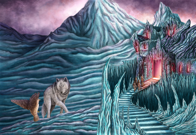 Illustration mit Eislandschaft, Eispalast, Wolf und Falke für einen Buchumschlag eines Kinderbuchs