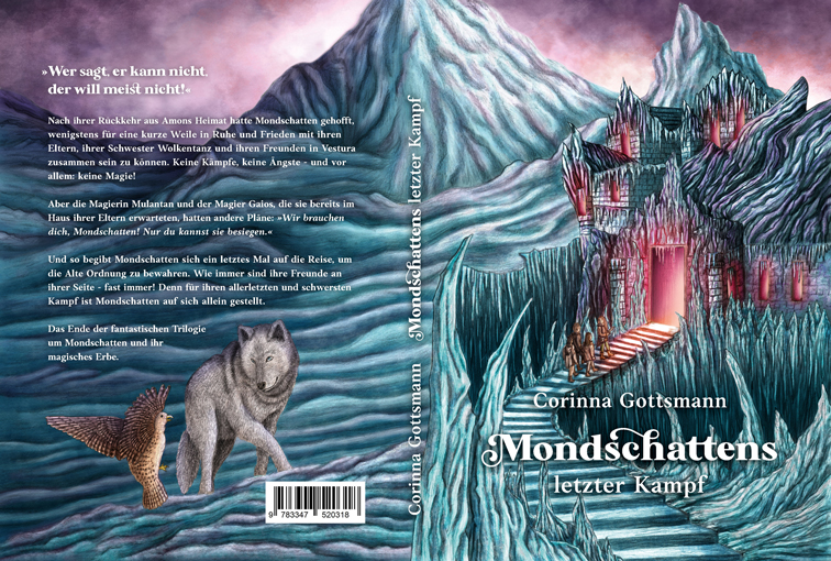 Kinderbuch Umschlag Design mit Illustration einer Eislandschaft, Eispalast, Wolf und Falke
