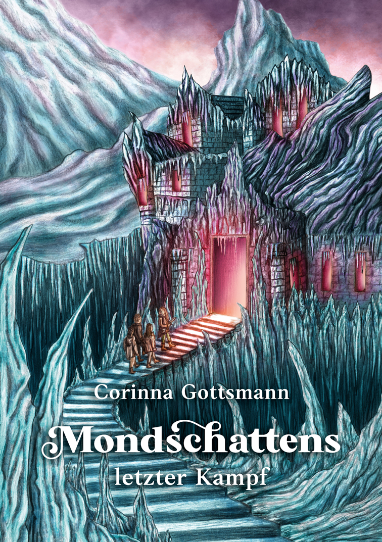 Kinderbuch Cover Design mit Illustration einer Eislandschaft und eines mystischen Eispalasts
