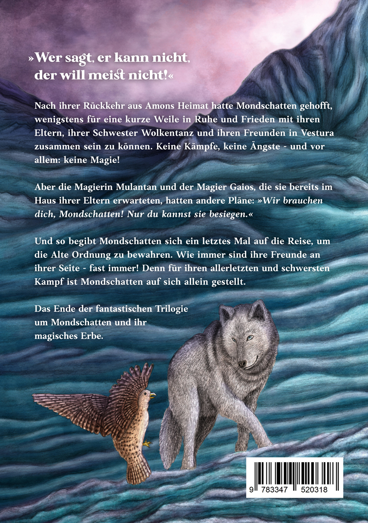 Kinderbuch Rückseite Design mit Illustration einer Eislandschaft, Wolf und Falke