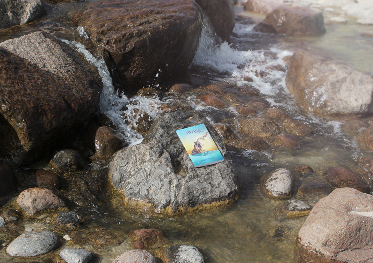Kinderbuch auf Felsen im Wasser mit Buchcover Illustration einer Hexe mit Zauberstab am Meer