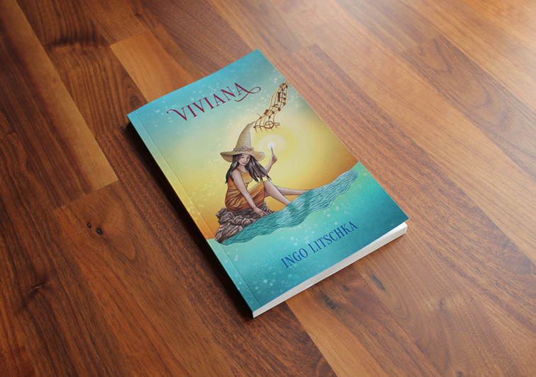 Buchcover Design mit Illustration einer Hexe mit Zauberstab und Musik am Meer