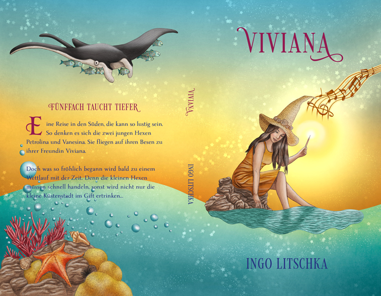 Buchumschlag Design mit Illustration einer Hexe mit Zauberstab und Musik am Meer und Korallen, Fischen und Rochen