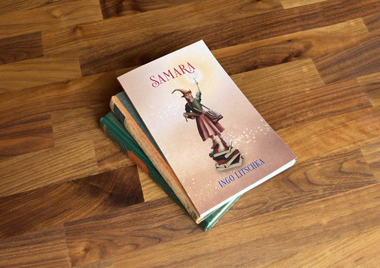 Kinderbuch Cover Design mit Illustration einer Bücher Hexe mit Zauberstab und Hexenhut