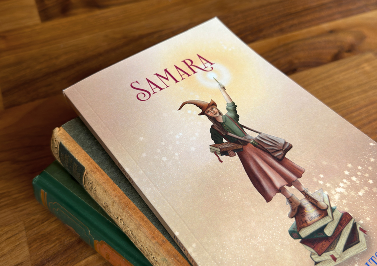 Kinderbuch Cover Design mit Illustration einer Bücher Hexe mit Zauberstab und Hexenhut