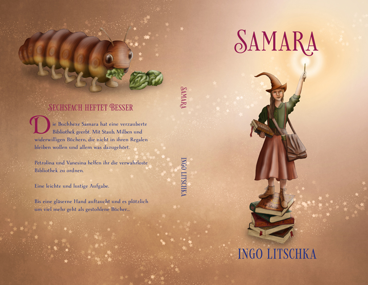Buchumschlag Design mit Illustration einer Bücher Hexe mit Zauberstab und einer Raupe