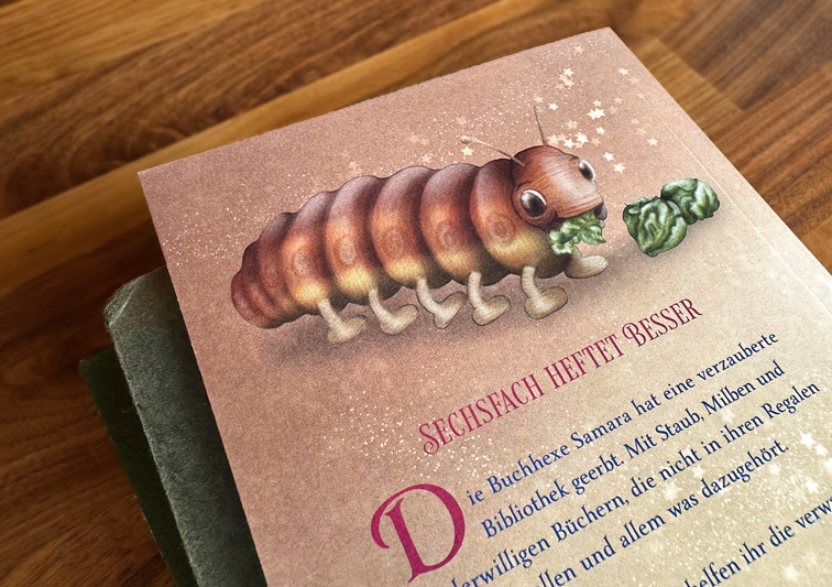 Kinderbuch Rückseite mit Illustration einer Raupe und Rückseitentext