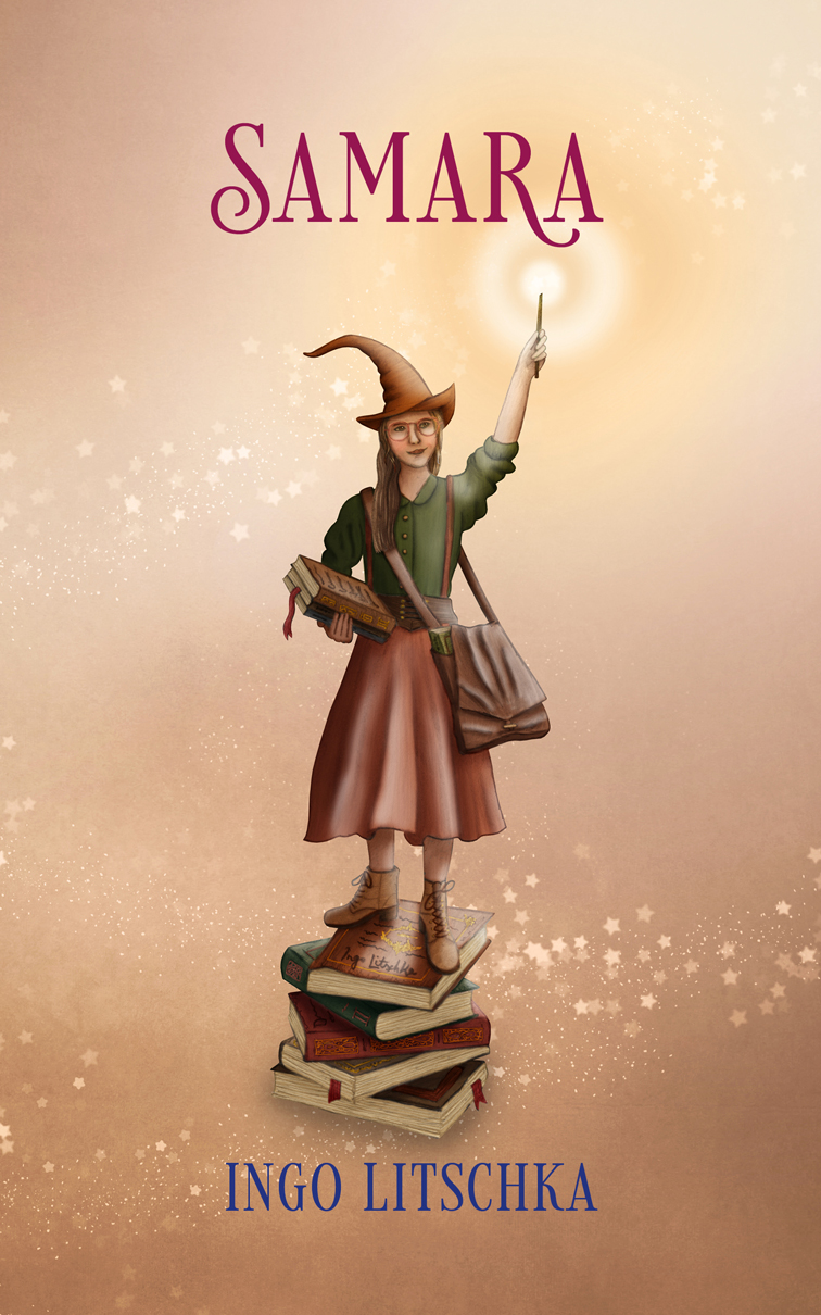 Kinderbuch Cover Design mit Illustration einer Bücher Hexe mit Zauberstab und Hexenhut