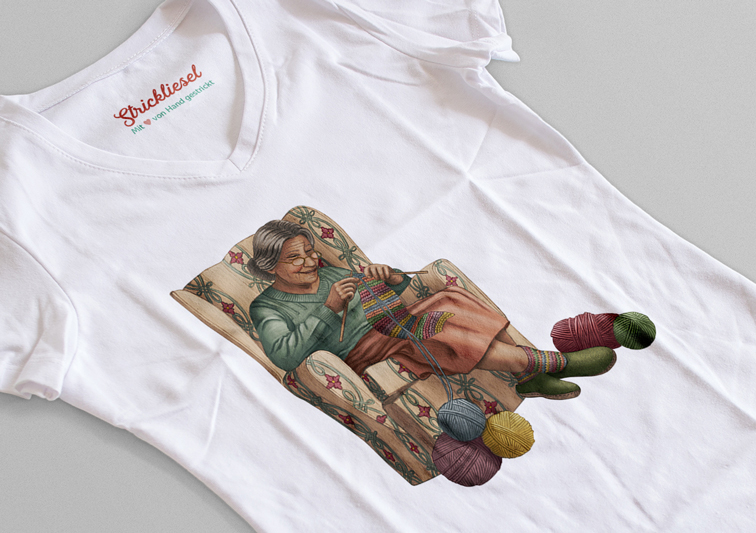 T-Shirt Design mit Illustration einer strickenden Oma bei der Handarbeit