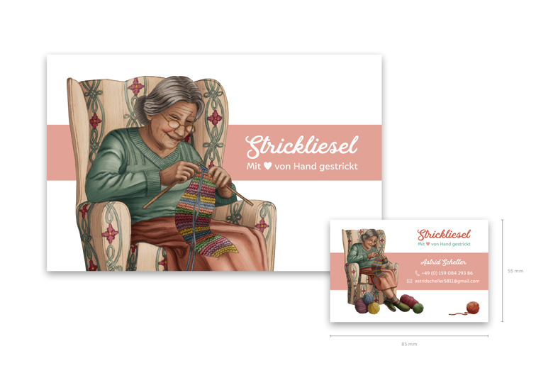 Print Design Visitenkarte für Stricken Handarbeit mit Illustration einer strickenden Oma