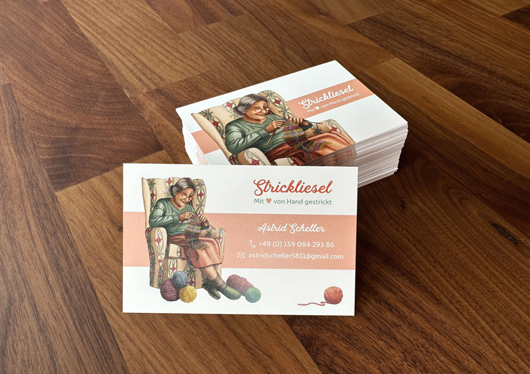 Print Design Visitenkarte für Stricken Handarbeit mit Illustration einer strickenden Oma
