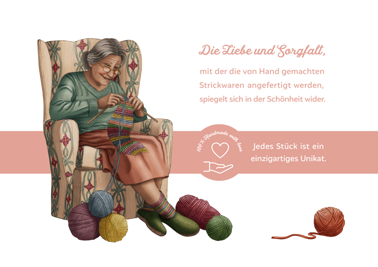 Social Media Grafik für Strickliesel mit Illustration einer strickenden Oma bei der Handarbeit