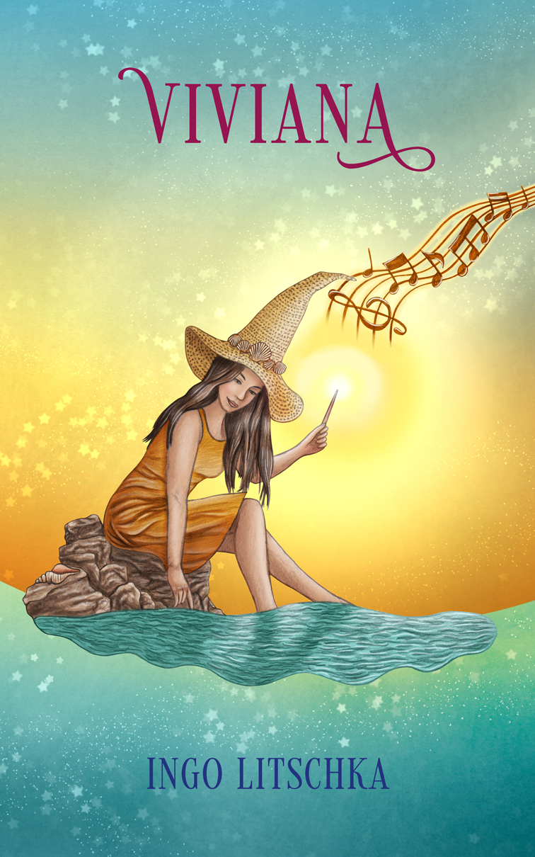 Buchcover Design mit Illustration einer Hexe mit Zauberstab und Musik am Meer