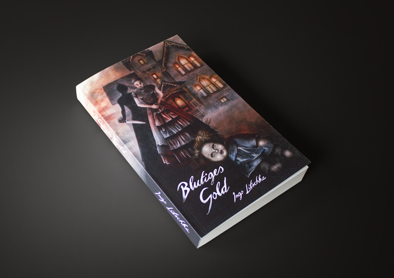Buchcover Design mit mystischer Illustration einer Frau und ihrem Schatten, einer Puppe und einem Gruselhaus