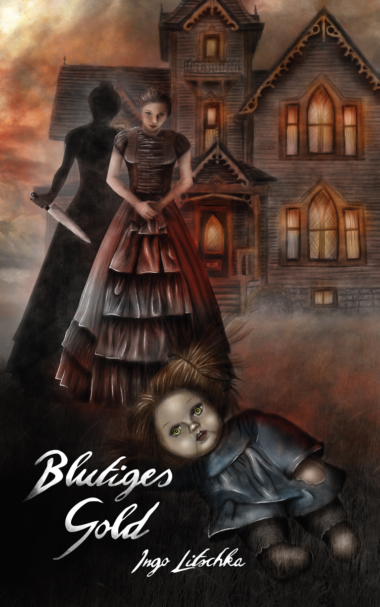 Buchcover Design mit mystischer Illustration einer Frau und ihrem Schatten, einer Puppe und einem Gruselhaus