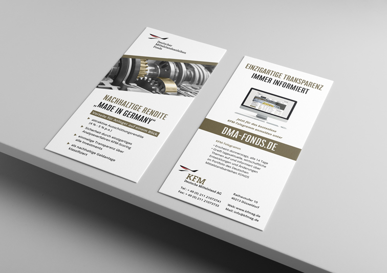 Sina Holste Design KFM Flyer Moderner Flyer mit Zahnrad Bildwelt für mittelständisches Finanzunternehmen