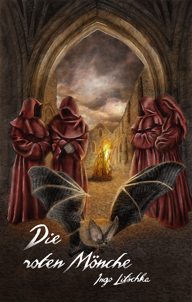 Buchcover Design mit mystischer Illustration mit Mönchen im Koster mit Feuer und Fledermaus