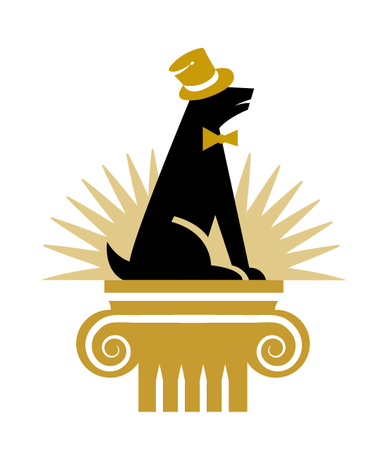 Logo Design Hund mit Hut und Fliege für Luxus Hundemarke