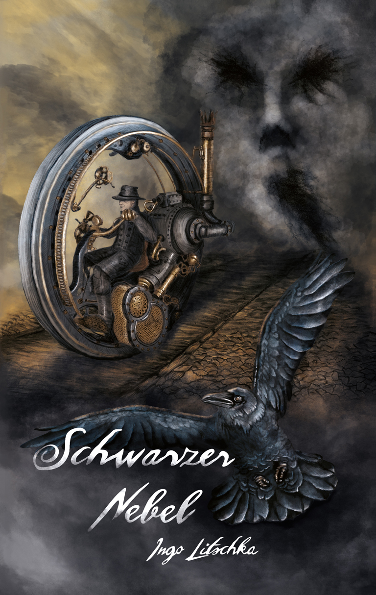 Buchcover Design mit Steam Punk Illustration mit Mann im Monowheel und Rabe im Nebel