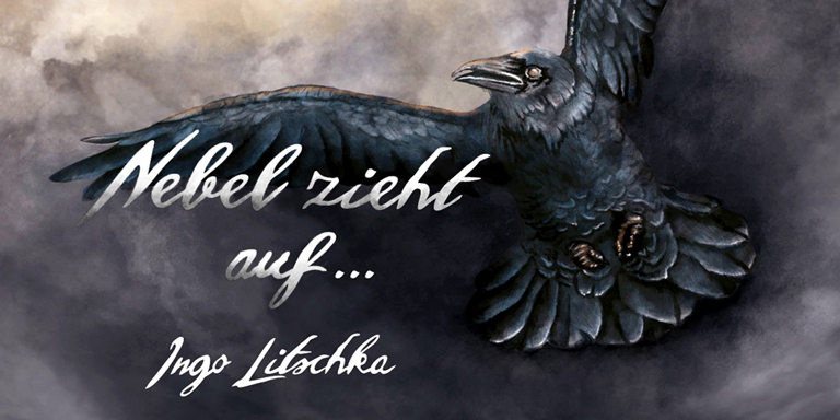 Buch Teaser Design mit Illustration eines fliegenden Raben im Nebel