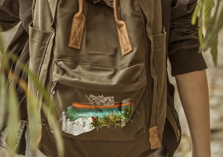 Nahaufnahme des Prints eines Rucksacks mit einer Illustration von Koalabären im Kanu