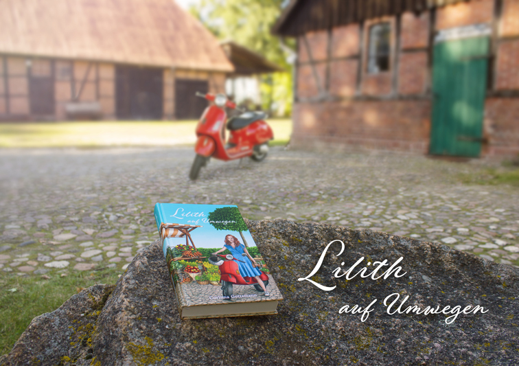 Liebesroman mit Illustration einer Frau auf einem Motorroller und Gemüse Marktstand