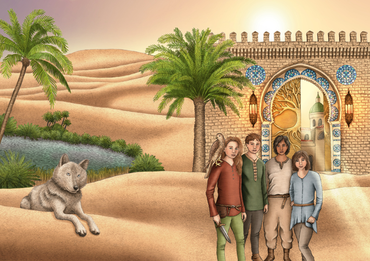 Illustration mit Stadttor, Oase, Kindern sowie Wolf und Falke in der Wüste für Buchumschlag eines Kinderbuchs
