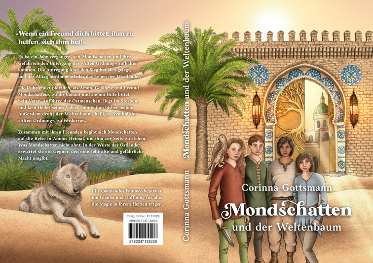 Buchumschlag eines Kinderbuchs mit Illustration mit Stadttor, Oase, Kindern sowie Wolf und Falke in der Wüste