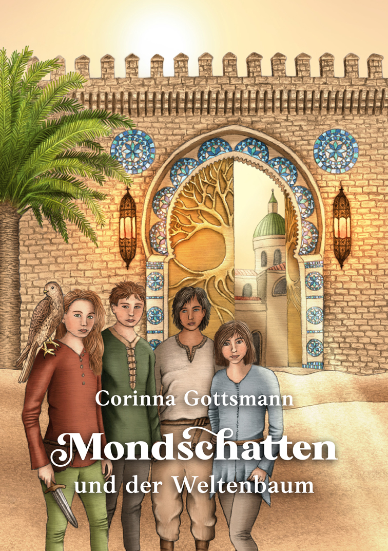 Kinderbuch Cover Design mit Illustration eines Stadttors mit Kindern, Falke und Palme in der Wüste