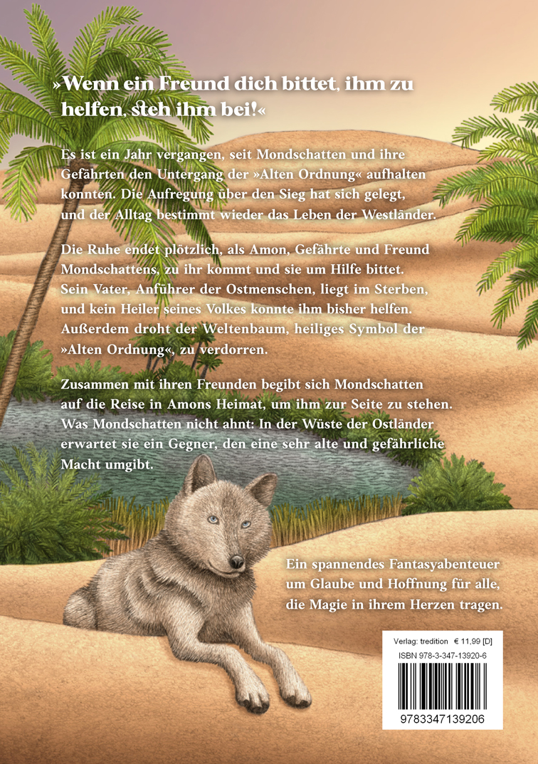 Kinderbuch Rückseite Design mit Illustration einer Wüstenlandschaft mit Oase und Wolf