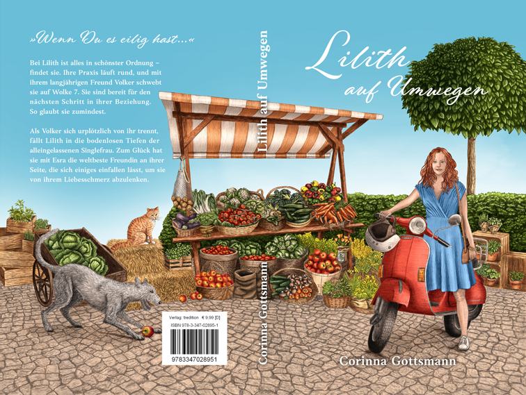 Buchumschlag Design für Liebesroman mit Illustration einer Frau auf einem Motorroller, Gemüse Marktstand und Hund und Katze