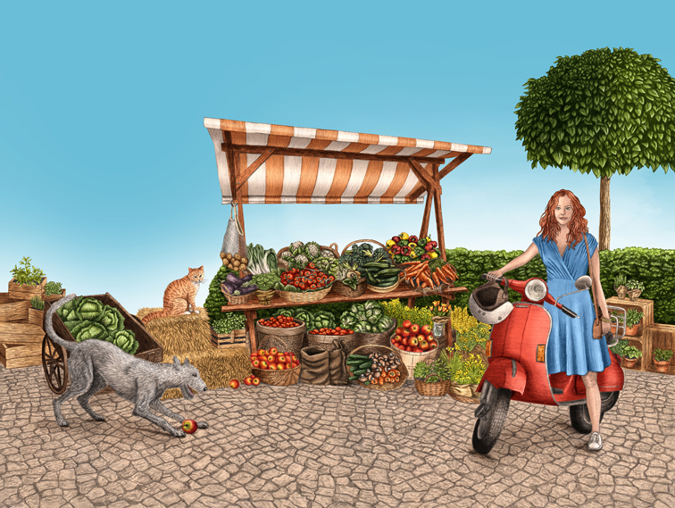 Illustration einer Frau auf einem Motorroller, Gemüse Marktstand und Hund und Katze für den Buchumschlag eines Liebesromans