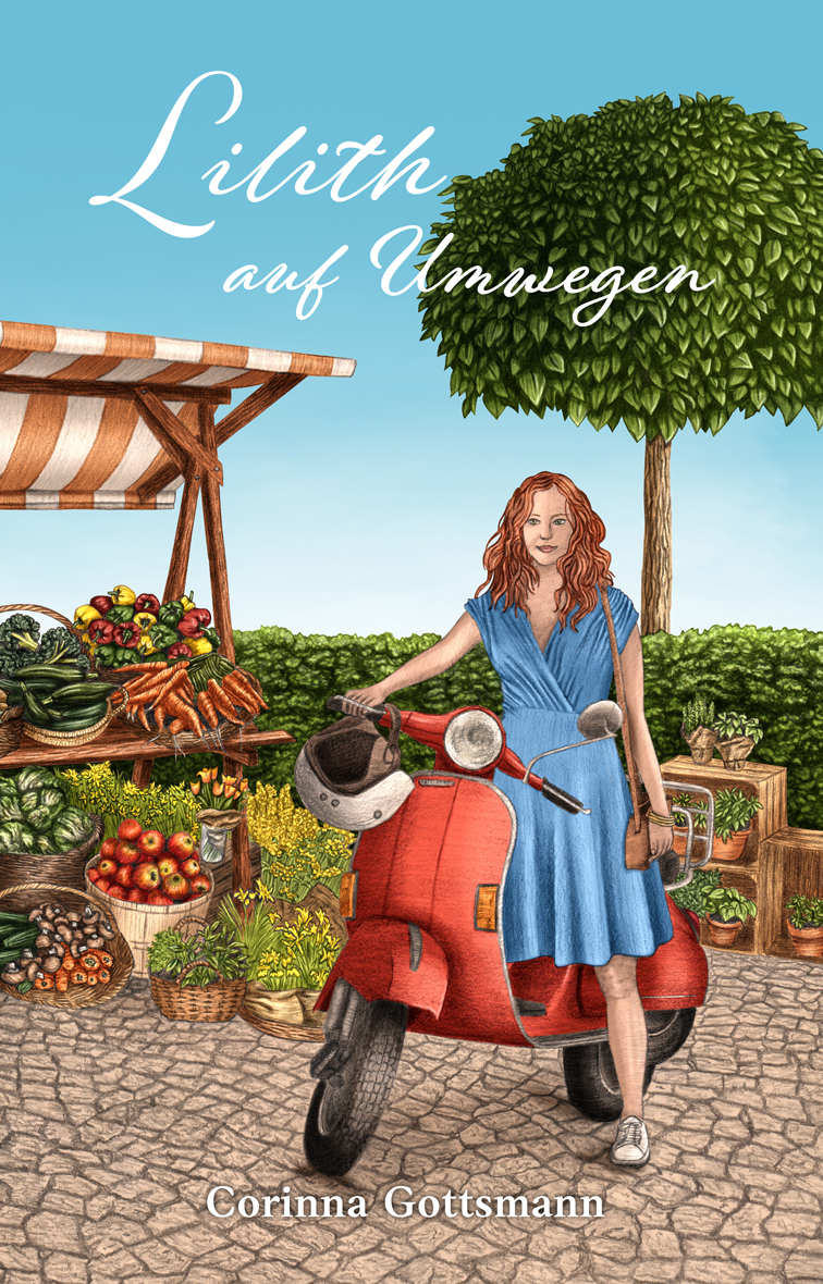 Buchcover Design für Liebesroman mit Illustration einer Frau auf einem Motorroller und Gemüse Marktstand