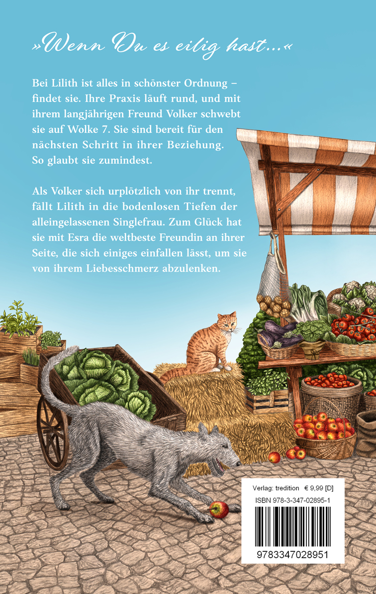 Rückseiten Design für Liebesroman mit Illustration eines Gemüse Marktstands und Hund und Katze