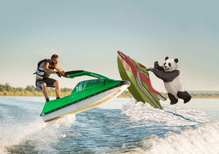 Illustration eines Pandas auf Jetski in realer Bildwelt eines Jeski Fahrers im See
