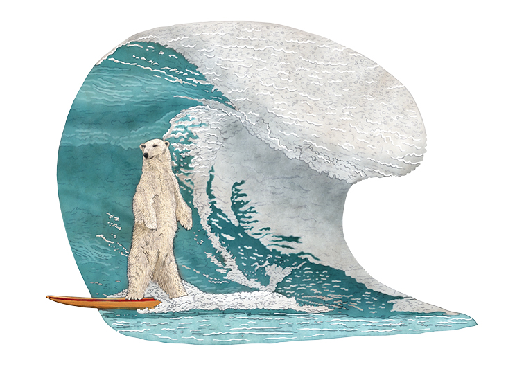 Sommerliche Illustration eines surfenden Eisbärs auf großer Welle