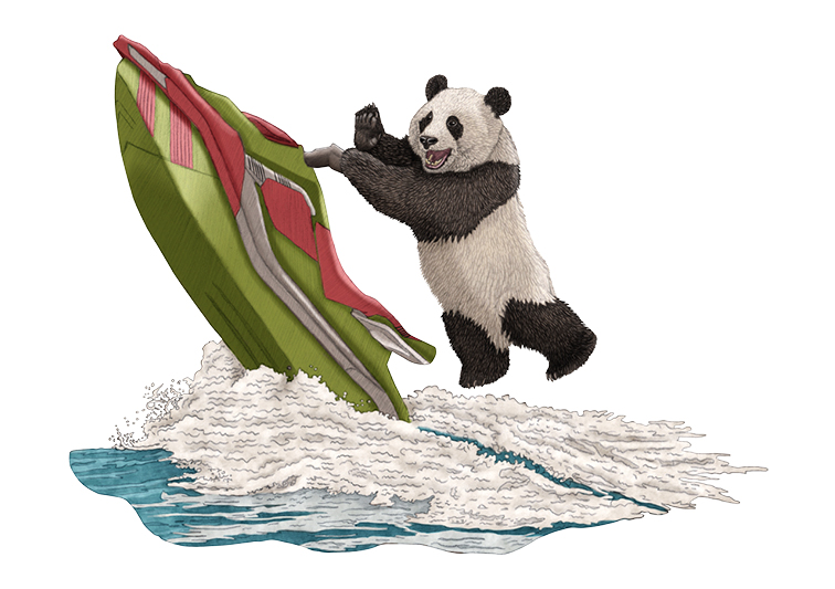 Witzige Illustration eines Pandas auf einem Jetski