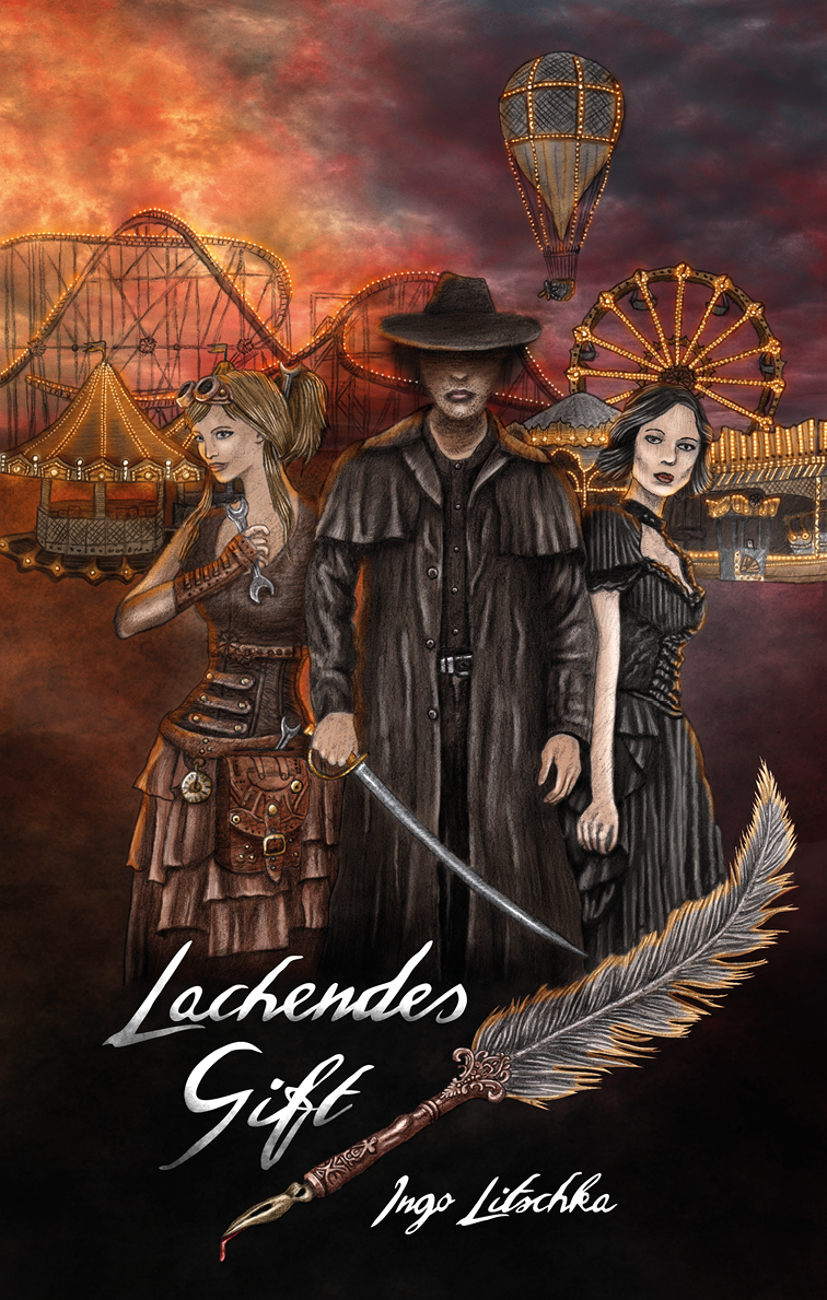 Buchcover Design mit Steam Punk Illustration mit drei Personen auf einem Jahrmarkt bei Sonnenuntergang