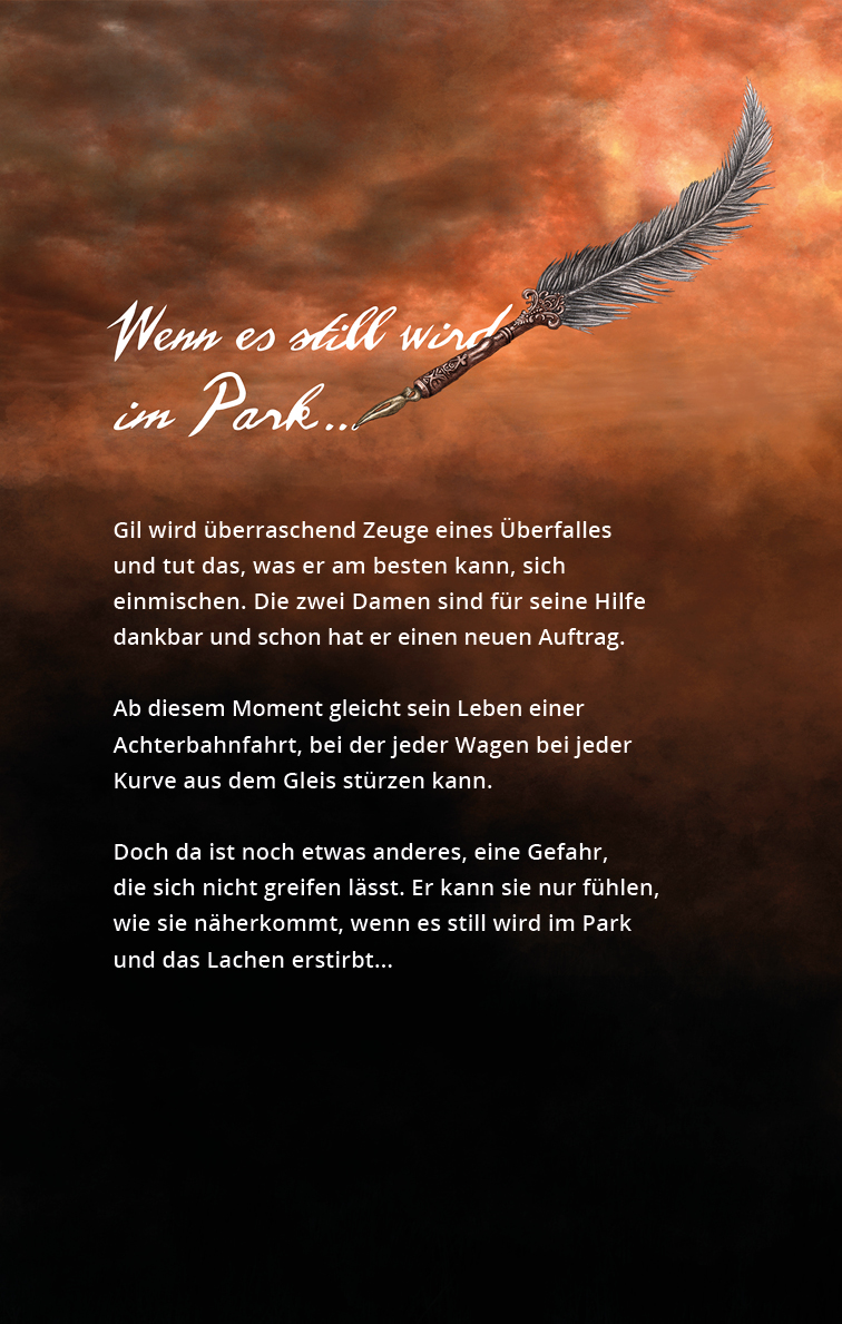 Buchcover Design Rückseite mit Schreibfeder und Typgrafie vor Himmel mit Sonnenuntergang