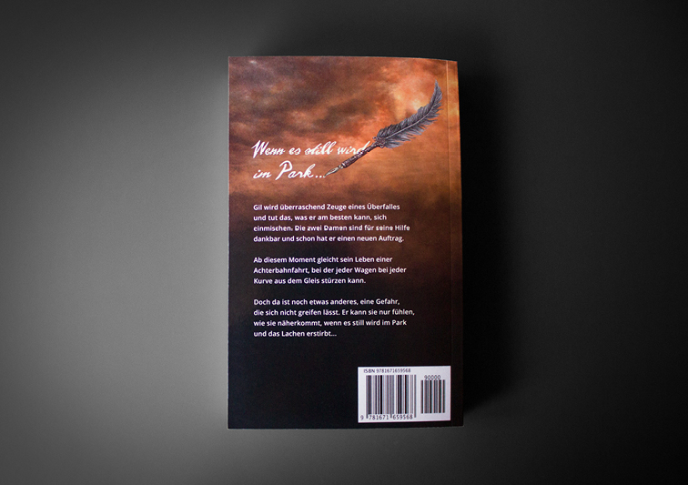 Buchcover Design Rückseite mit Schreibfeder und Typgrafie vor Himmel mit Sonnenuntergang