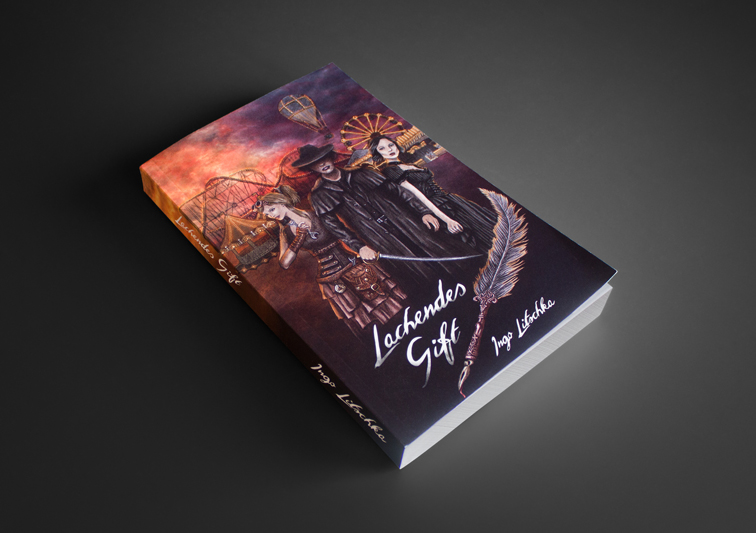 Buchcover Design mit Steam Punk Illustration mit drei Personen auf einem Jahrmarkt bei Sonnenuntergang