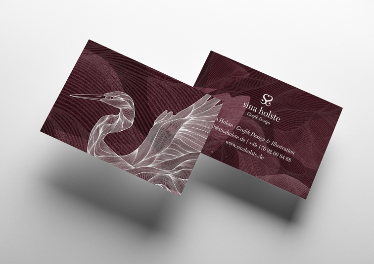 Print Design, Visitenkarten von Sina Holste Grafik Design mit einer Line Art Silberreiher Grafik