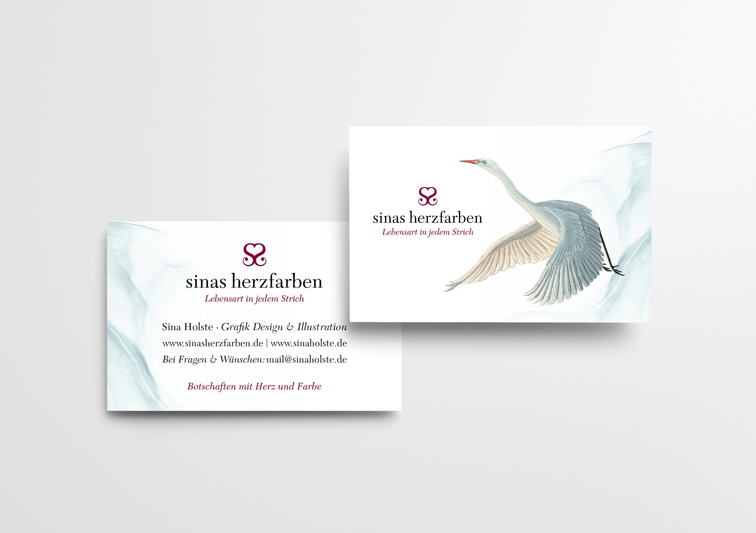 Print Design, Visitenkarten von Sina Holstes Atelier Sinas Herzfarben mit Silberreiher Artwork